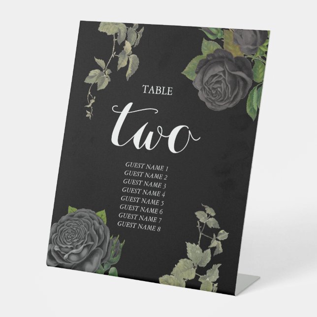 Gothic Halloween Black Roses Wedding Table Number Pedestal Sign (Front)