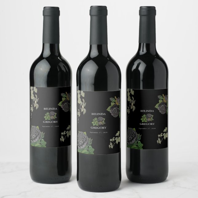 Gothic Halloween Black Roses Wedding Wine Label (Bottles)