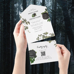 Gothic Halloween Black Roses White Wedding All In One Invitation