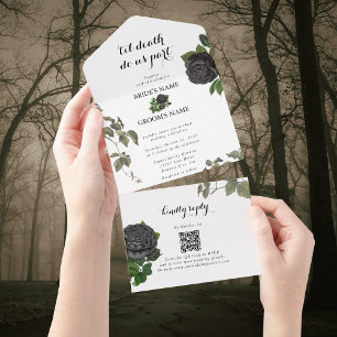 Gothic Halloween Black Roses White Wedding All In One Invitation