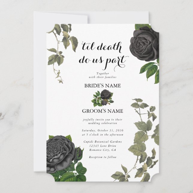 Gothic Halloween Black Roses White Wedding Invitation (Front)