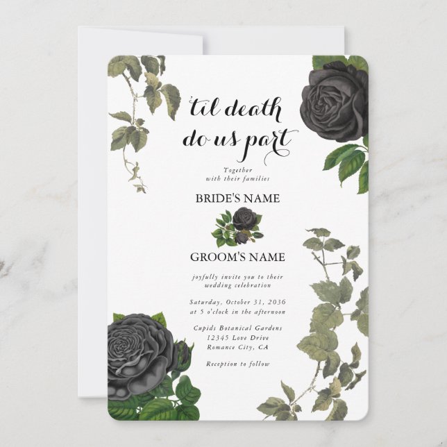 Gothic Halloween Black Roses White Wedding Invitation (Front)