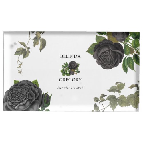 Gothic Halloween Black Roses White Wedding Place Card Holder