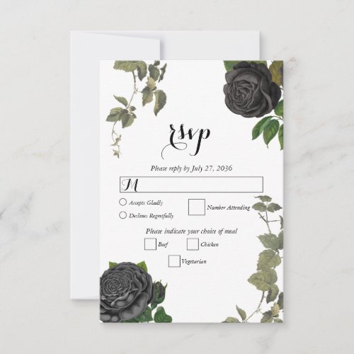Gothic Halloween Black Roses White Wedding RSVP Card