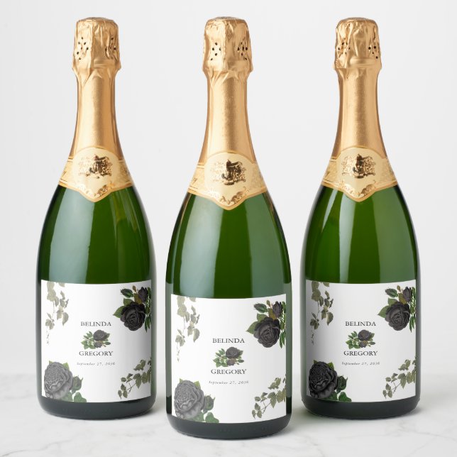 Gothic Halloween Black Roses White Wedding Sparkling Wine Label (Bottles)
