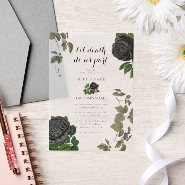 Gothic Halloween Black Roses White Wedding Vellum Invitations (Wedding)