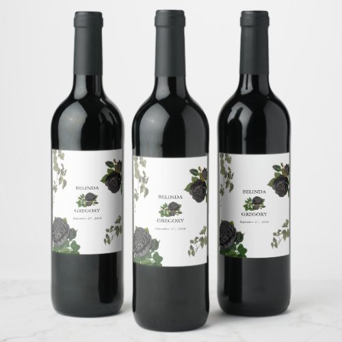Gothic Halloween Black Roses White Wedding Wine Label