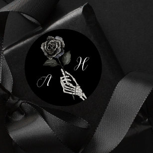 Gothic Halloween Black Wedding Skeleton Hand Rose  Classic Round Sticker
