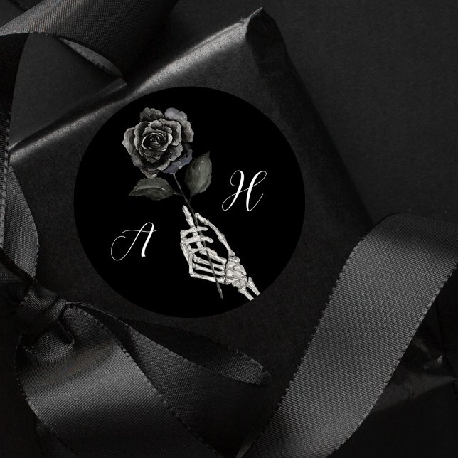 Gothic Halloween Black Wedding Skeleton Hand Rose  Classic Round Sticker (Gothic Halloween Black Wedding Skeleton Hand Rose Classic Round Sticker)