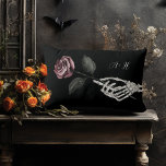 Gothic Halloween Black Wedding Skeleton Hand Rose Lumbar Pillow<br><div class="desc">Nothing screams "I do!" like a Halloween-inspired gothic wedding. Get ready for a bone-chillingly beautiful celebration like no other with our 'Til Death Do Us Part skeleton & floral Halloween gothic theme wedding decor pillow. Our beautiful wedding pillow features our own hand-painted watercolor skeleton hand-holding a red rose with a...</div>