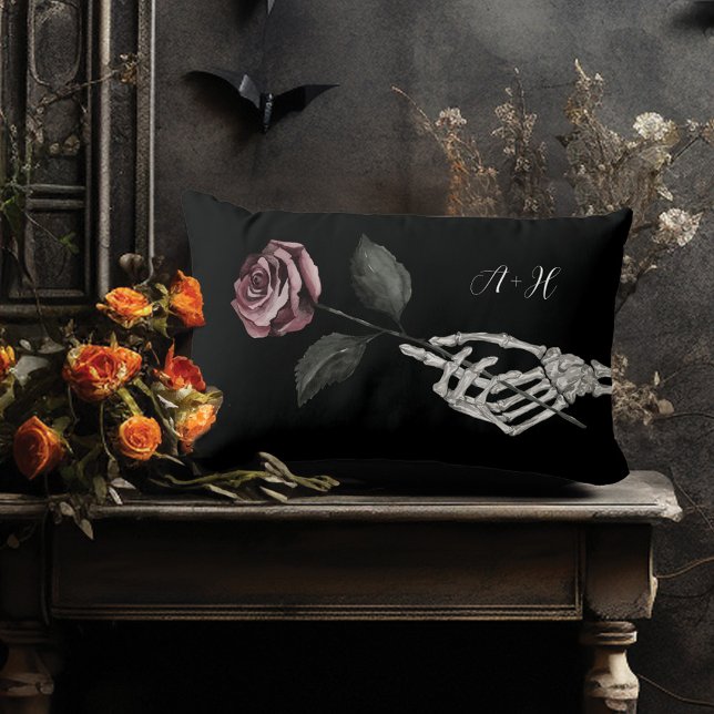 Gothic Halloween Black Wedding Skeleton Hand Rose Lumbar Pillow (Gothic Halloween Black Wedding Skeleton Hand Rose Lumbar Pillow)