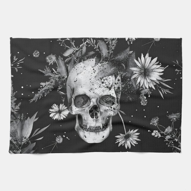 Gothic Halloween Botanical Skulls pattern Kitchen Towel (Horizontal)