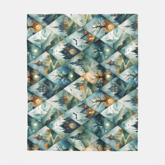 Gothic Halloween Castle Pattern Fleece Blanket (Front)
