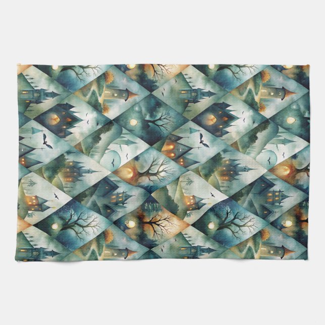 Gothic Halloween Castle Pattern Kitchen Towel (Horizontal)