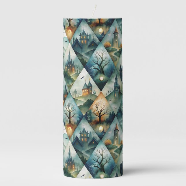 Gothic Halloween Castle Pattern Pillar Candle (Front)