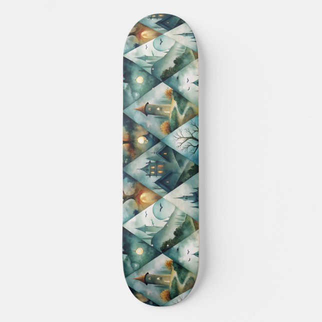 Gothic Halloween Castle Pattern Skateboard (Front)