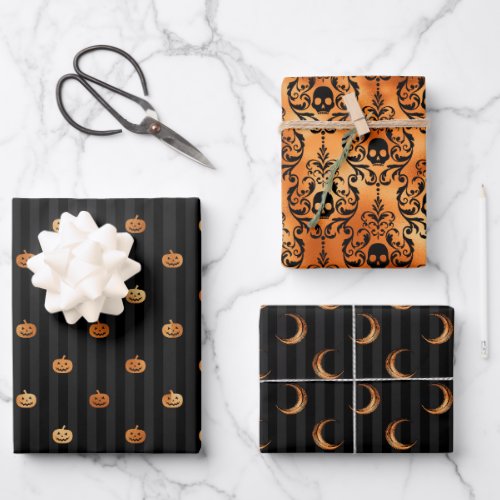 Gothic Halloween Copper and Black Set of 3 Wrapping Paper Sheets