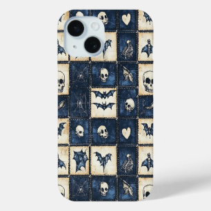 Gothic Halloween Denim Patchwork Pattern iPhone 15 Case