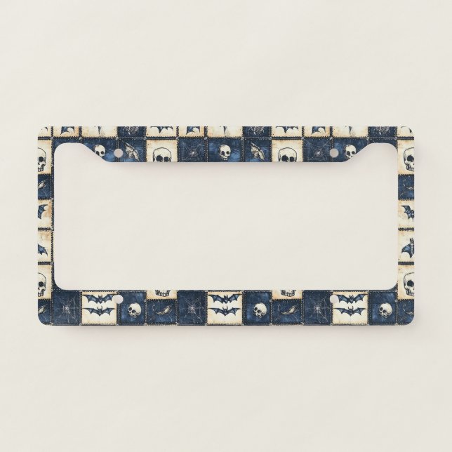 Gothic Halloween Denim Patchwork Pattern License Plate Frame (Front)