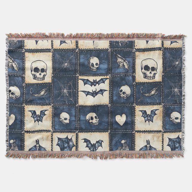 Gothic Halloween Denim Patchwork Pattern Throw Blanket (Front)