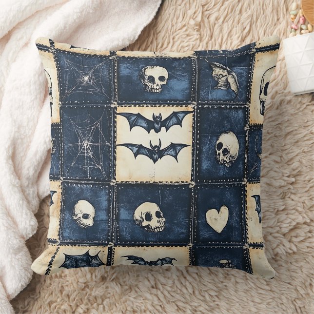 Gothic Halloween Denim Patchwork Pattern Throw Pillow (Blanket)