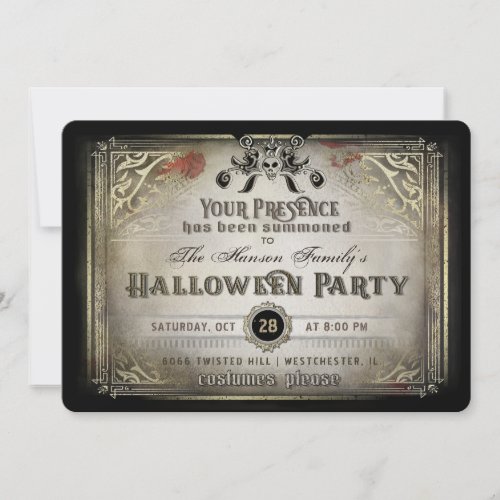 Gothic Halloween Elegance Party Black  Gold Skull Invitation