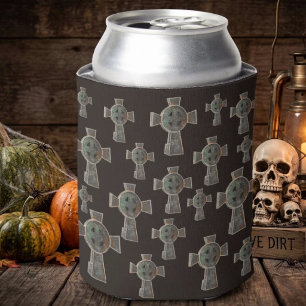 Gothic Halloween Graveyard Headstone Cross Drawing Can Cooler