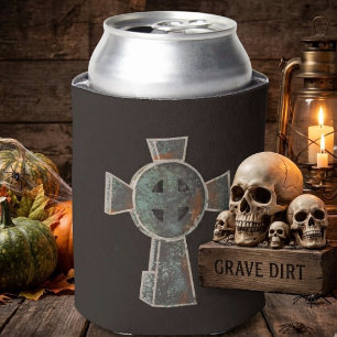 Gothic Halloween Graveyard Headstone Cross Drawing Can Cooler