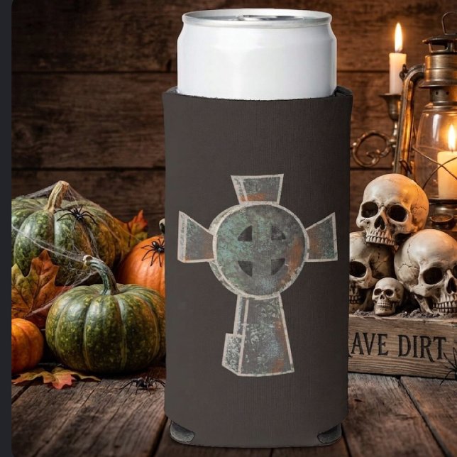 Gothic Halloween Graveyard Headstone Cross Drawing Seltzer Can Cooler (Creator Uploaded)