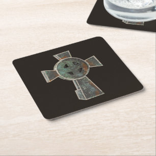 Gothic Halloween Graveyard Headstone Cross Drawing Square Paper Coaster
