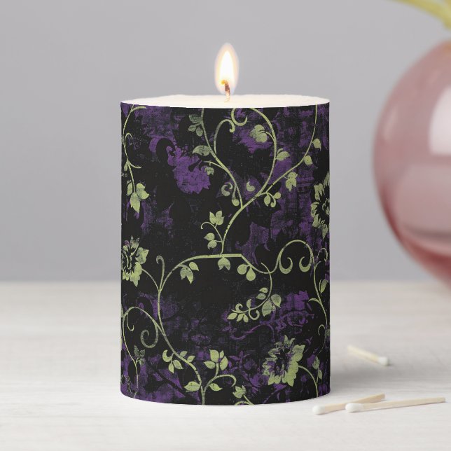 Gothic Halloween green purple botanical pattern  Pillar Candle (In Situ)