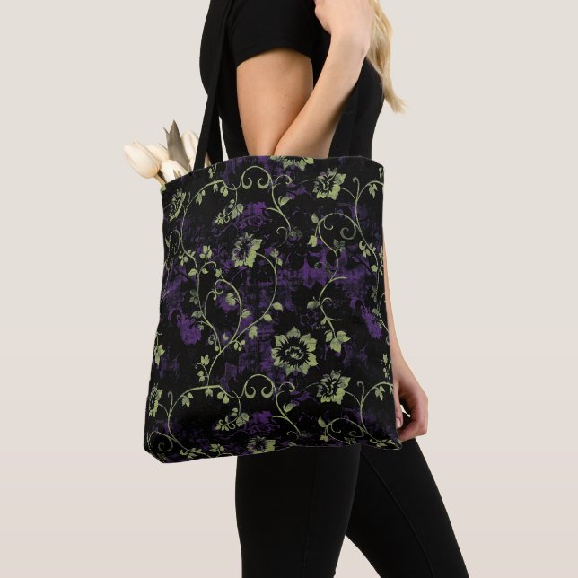 Gothic Halloween green purple botanical pattern Tote Bag (Close Up)