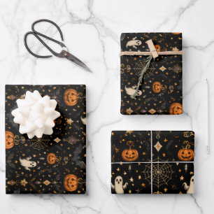 Gothic Halloween Jack-O-Lantern Ghosts & Bats Wrapping Paper Sheets