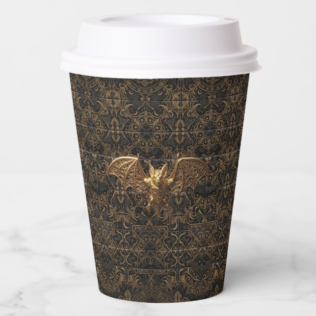 Gothic Halloween Paper Cups Gold Bat Pattern (Front)
