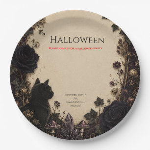 Gothic Halloween Party Roses, Dark Ivy, Moth, moon Paper Plates