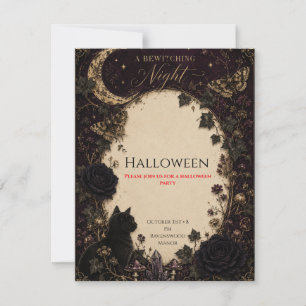 Gothic Halloween Party Roses, Dark Ivy, Moth, moon RSVP Card