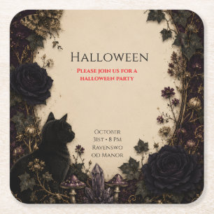 Gothic Halloween Party Roses, Dark Ivy, Moth, moon Square Paper Coaster
