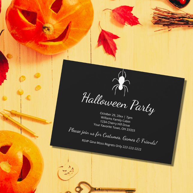 Gothic Halloween Party White Spider Black Invitation (Creator Uploaded)