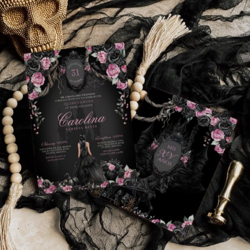 Gothic Halloween Pink Black Princess Quinceanera  Invitation
