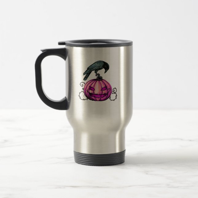 Gothic Halloween Pumpkin and Crow  Travel Mug (Left)