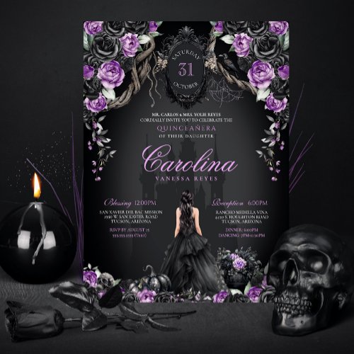 Gothic Halloween Purple Black Princess Quinceanera Invitation