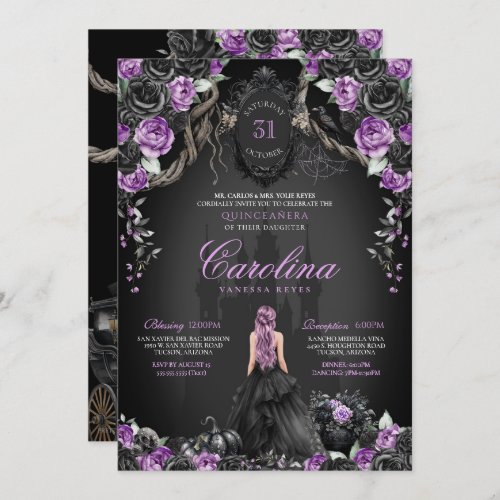 Gothic Halloween Purple Black Princess Quinceanera Invitation