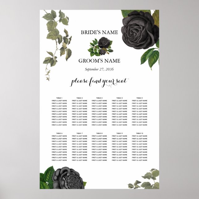 Gothic Halloween Roses White Wedding Seating Chart (Front)