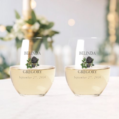 Gothic Halloween Roses White Wedding Stemless Wine Glass