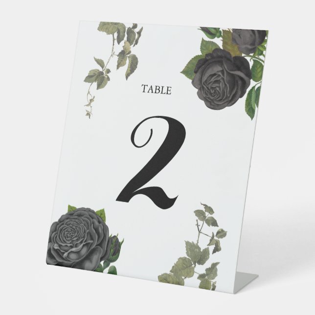 Gothic Halloween Roses White Wedding Table Number Pedestal Sign (Front)