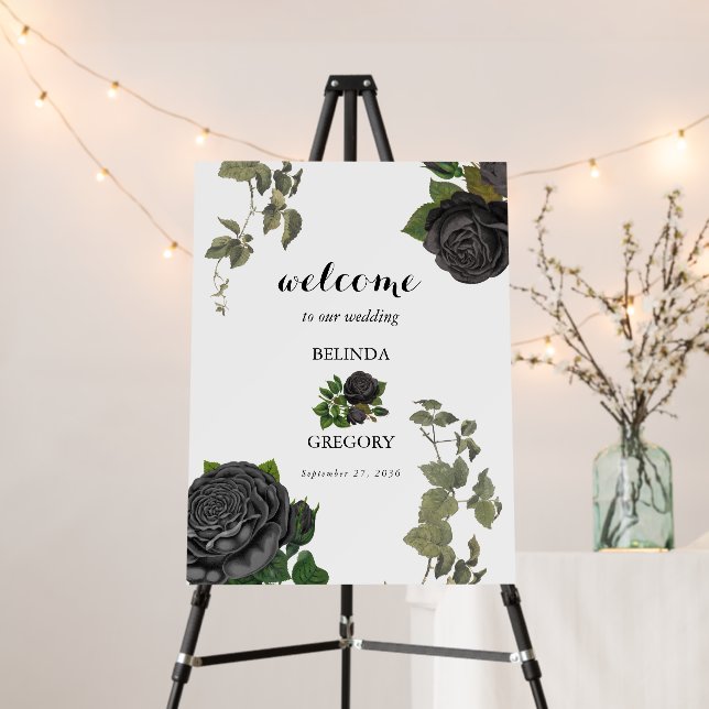 Gothic Halloween Roses White Wedding Welcome Sign (In Situ (Stand))