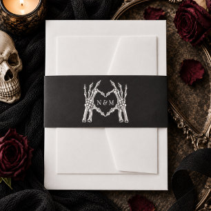 Gothic Halloween Skeleton Heart Hands Wedding Invitation Belly Band