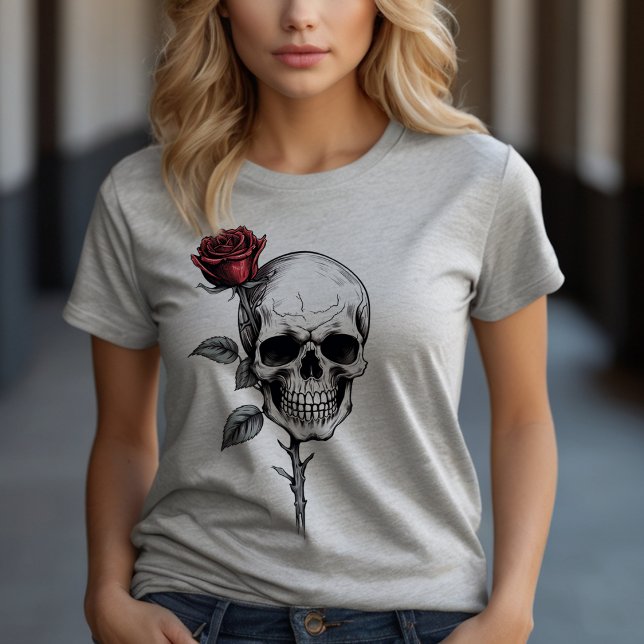 Gothic Halloween Skull and Rose T-Shirt (Embrace your edgy side with our "Skull with Flower" tee—a perfect blend of fierce and floral style!)