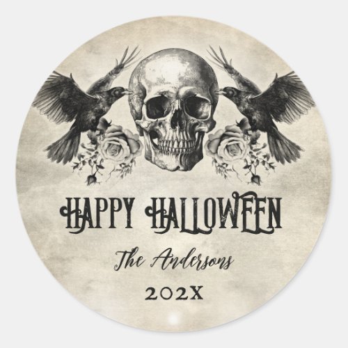 Gothic Halloween skull candle bat raven black rose Classic Round Sticker