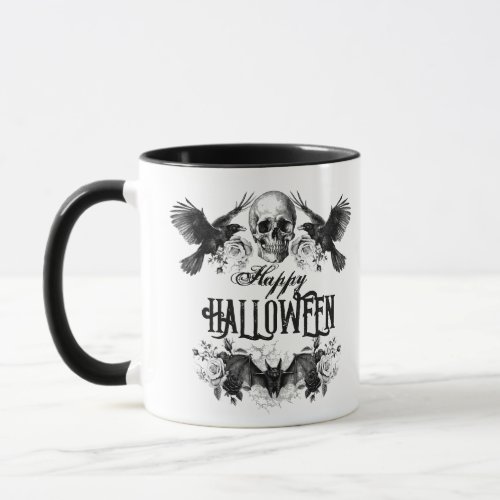 Gothic Halloween skull candle bat raven black rose Mug